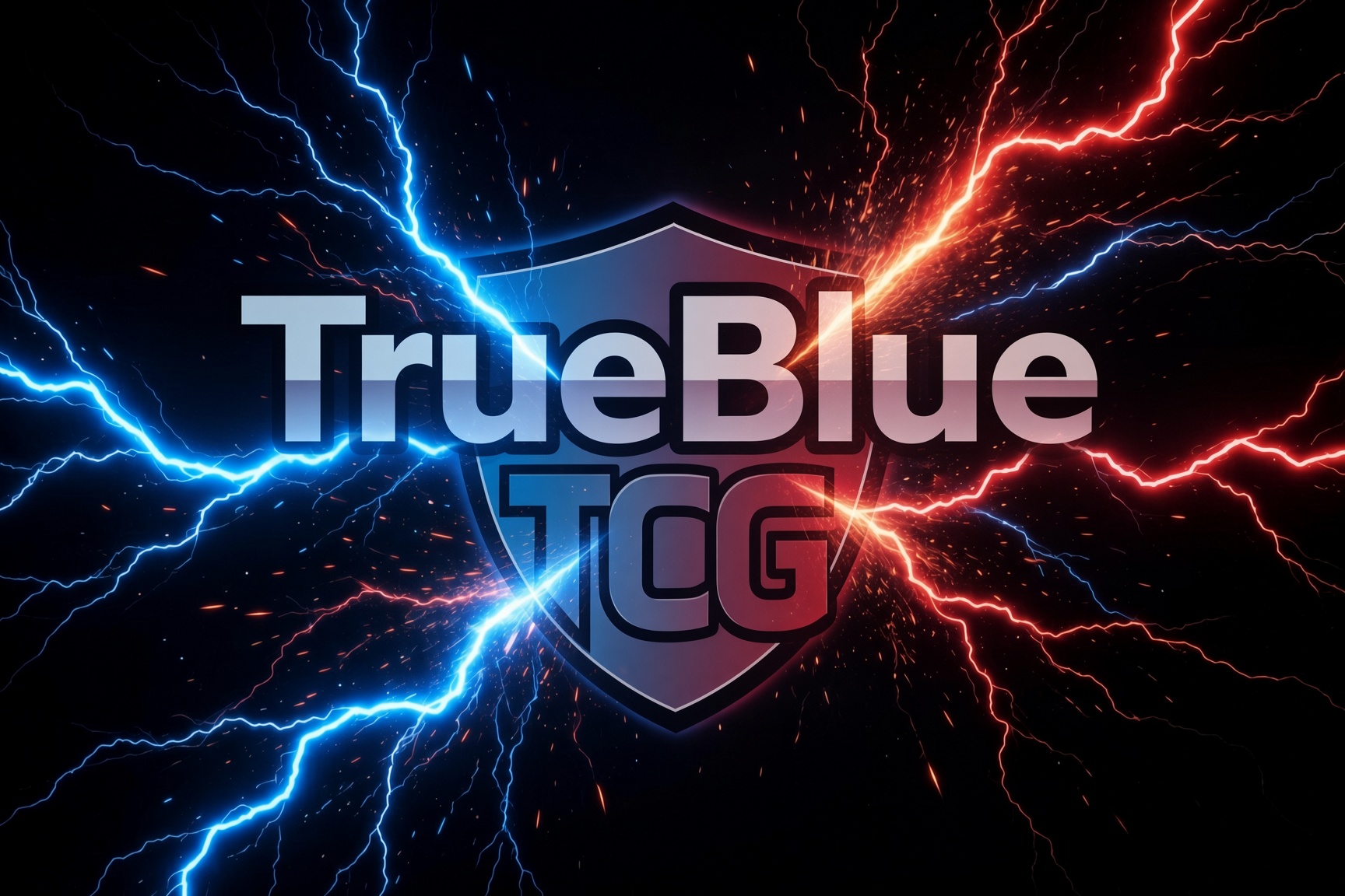 TrueBlue TCG logo with blue and red lightning across a shield mark